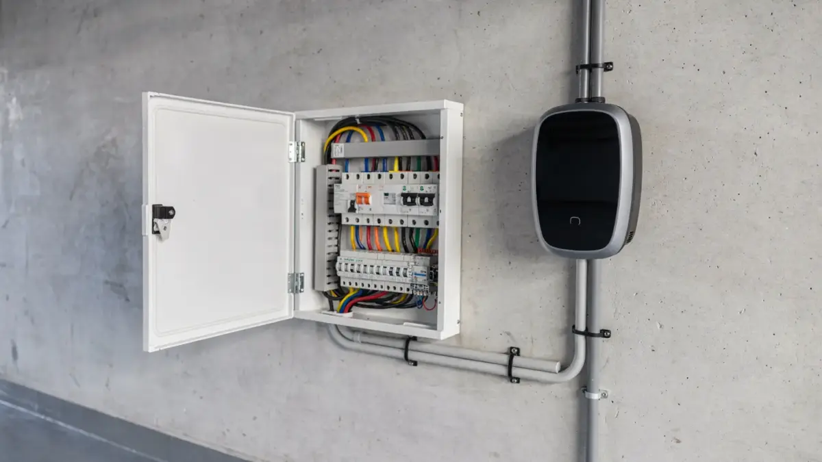 Wallbox-Installation mit Sicherungskasten und eingebautem FI-Schalter in einer Garage