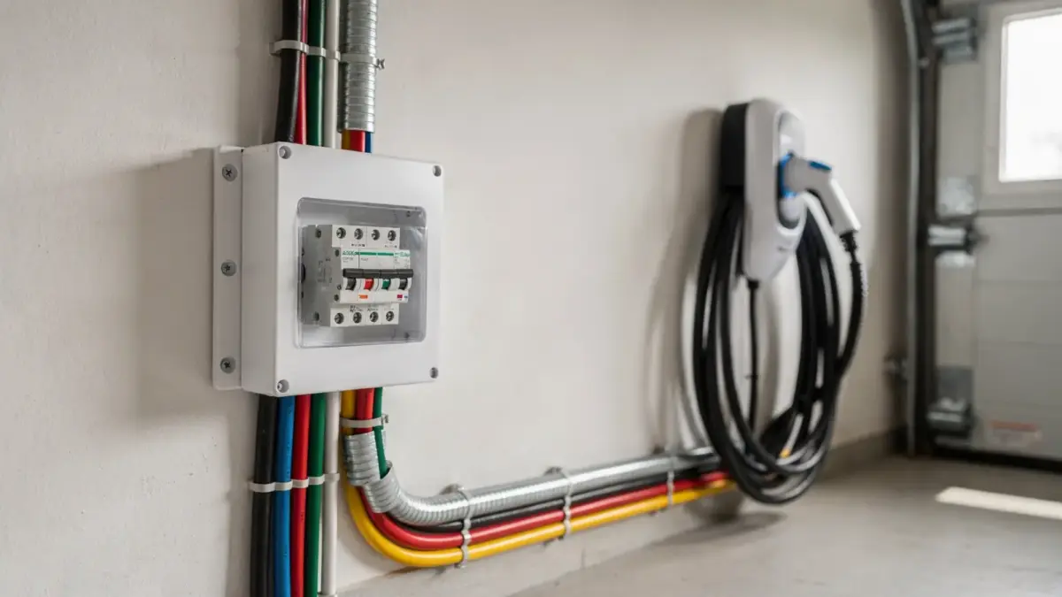 Dreipoliger Leitungsschutzschalter im Sicherungskasten für eine 11-kW-Wallbox.