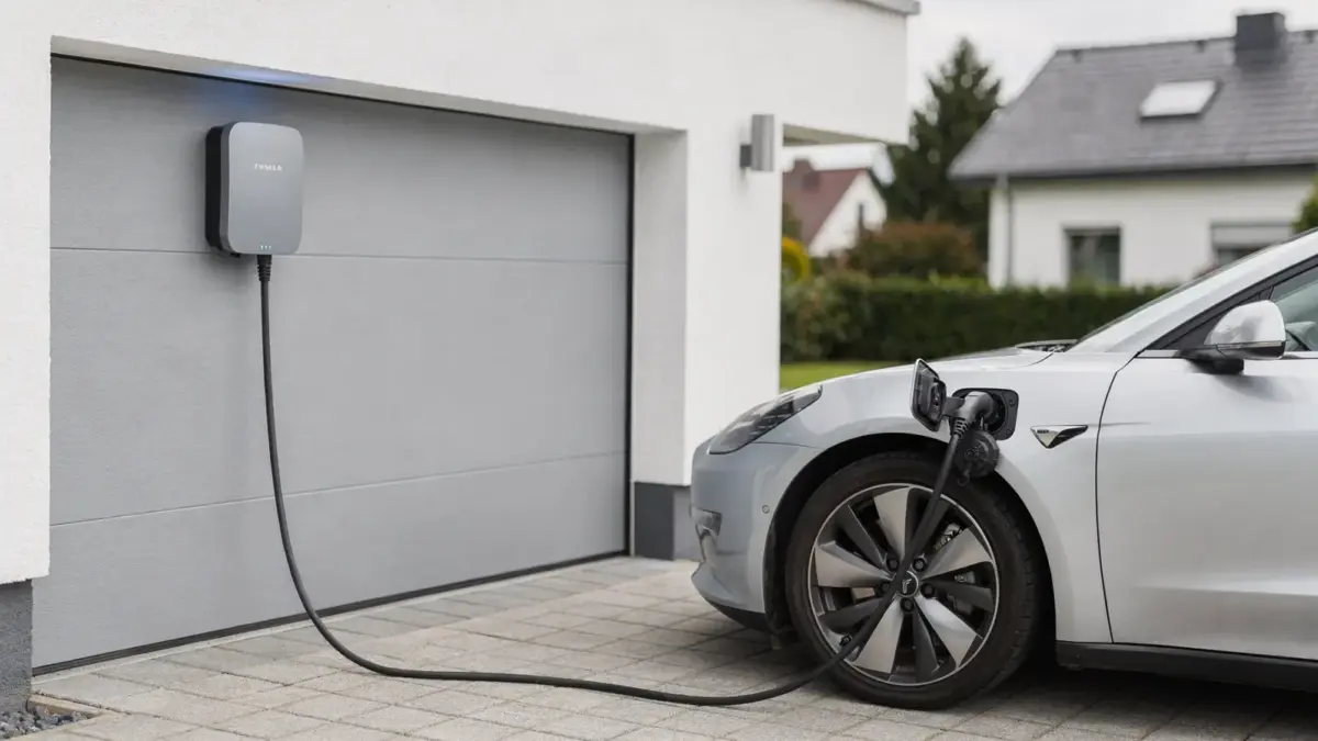 Smarte Wallbox an einer Hauswand neben einem angeschlossenen Elektroauto