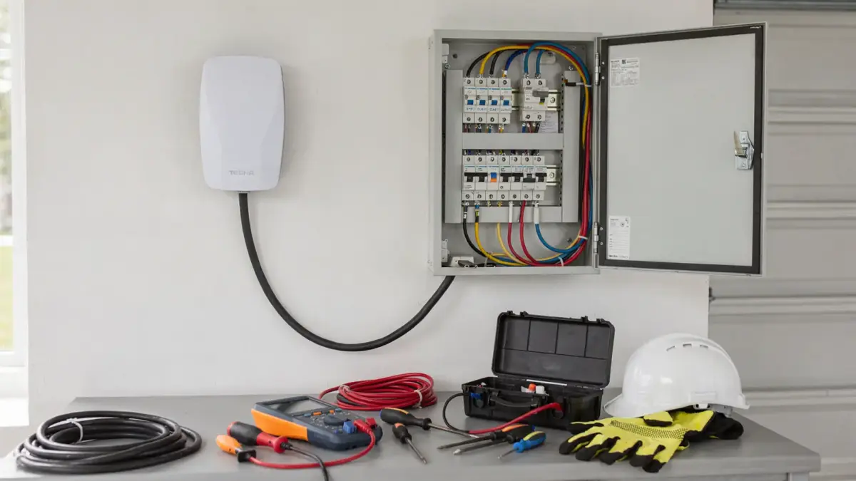 Elektriker prüft eine Wallbox-Installation an einem Sicherungskasten in einer Garage.