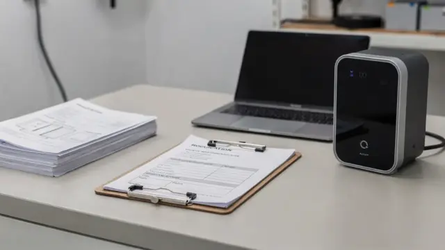 Wallbox-Anmeldeformular auf einem Klemmbrett neben Unterlagen und einer Ladebox im Technikraum