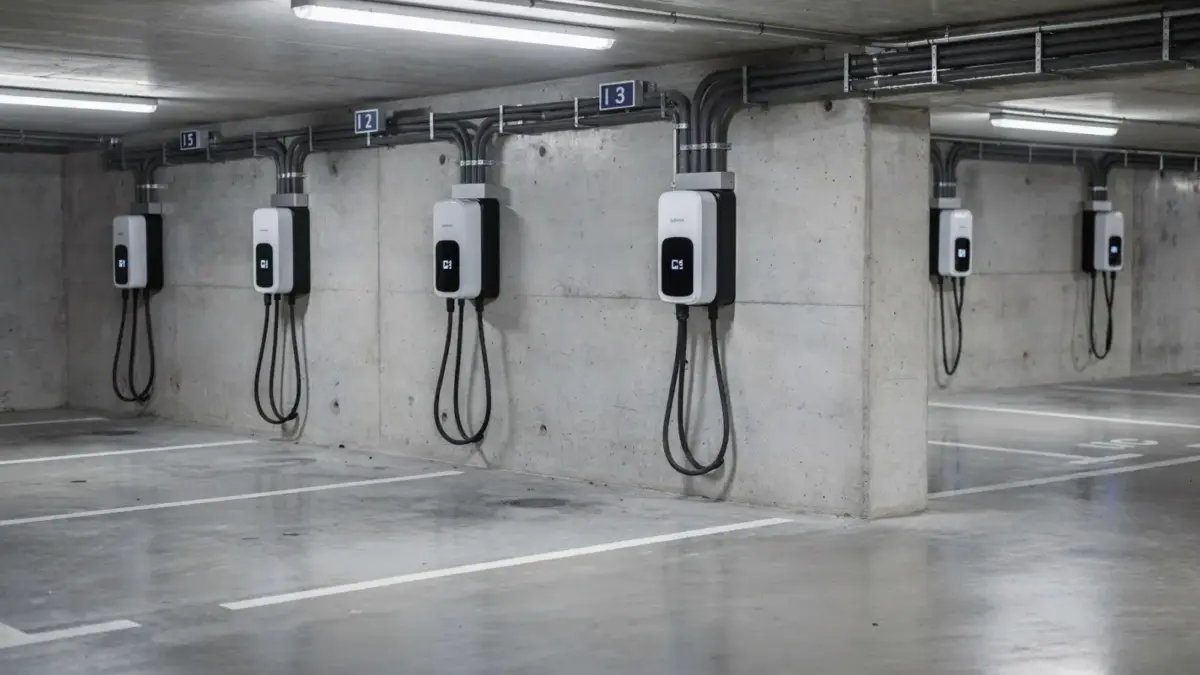 Sammelgarage mit mehreren Wallboxen, Stromverteilung und Stellplätzen für E-Autos