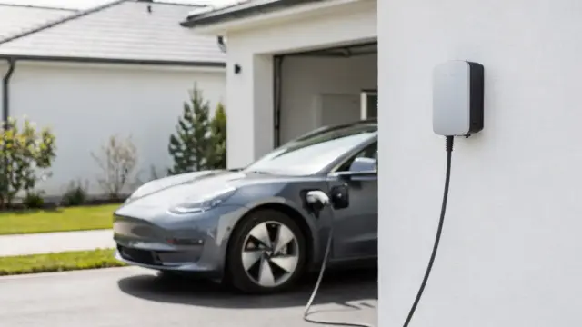 Wallbox an der Hauswand neben einem geparkten Elektroauto, mit Ladekabel vor der Garage, Thema Haftpflichtversicherung