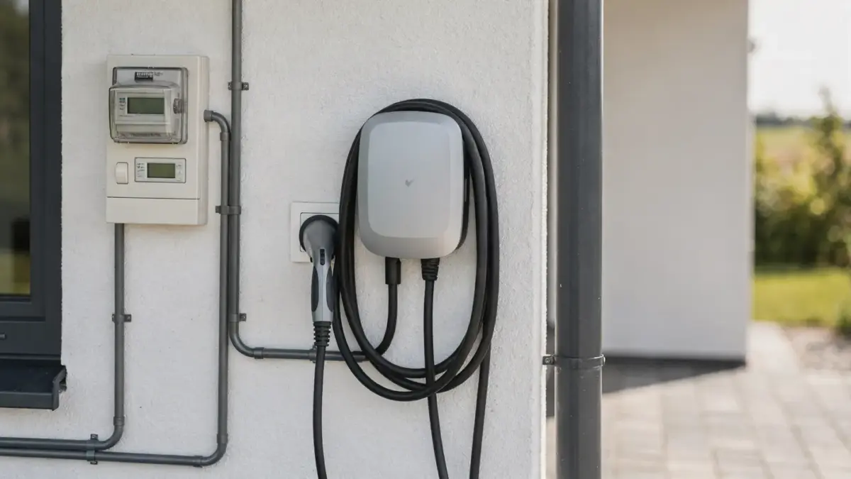 Wallbox an einer Hauswand neben dem Stromzähler für die Anmeldung beim Versicherer