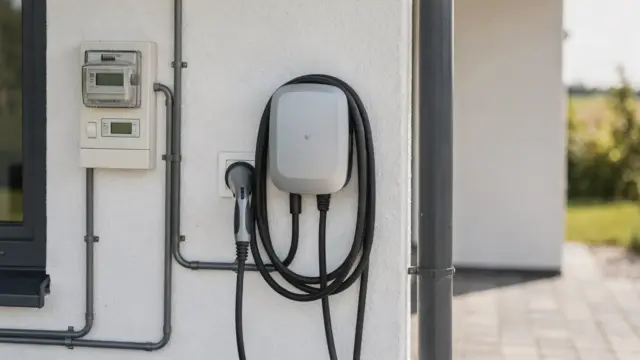 Wallbox an einer Hauswand neben dem Stromzähler für die Anmeldung beim Versicherer