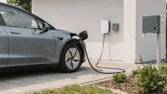 E-Auto lädt an einer Wallbox, daneben ein Sicherungskasten im Hintergrund.