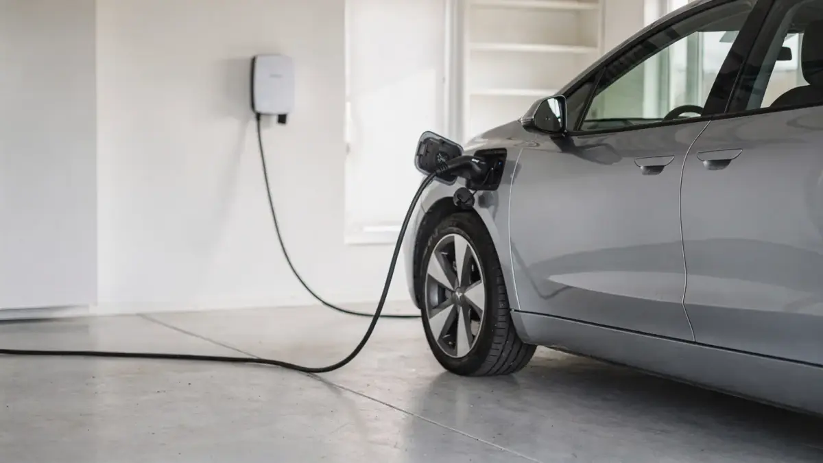 Elektroauto lädt an einer Wallbox in einer Garage, Ladekabel am Fahrzeug angeschlossen.