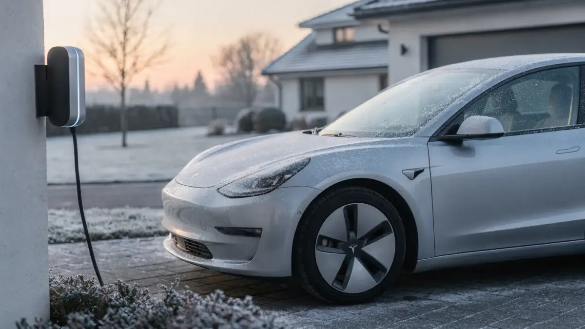 Elektroauto an einer Wallbox im Winter mit Frost auf dem Boden