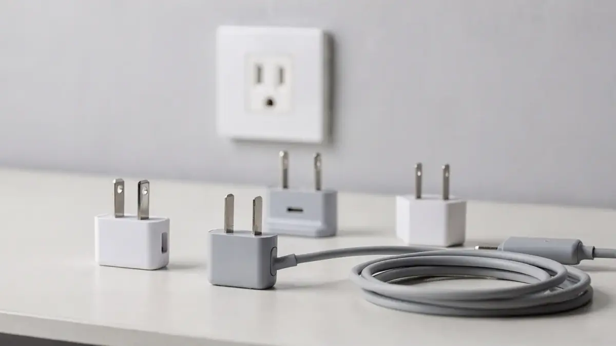 Steckeradapter neben Steckdose und Ladekabel auf einem Tisch, Thema Laden mit unterschiedlichen Steckertypen.