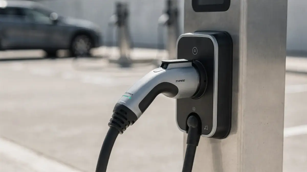 Typ-2-AC-Stecker an einer europäischen Ladestation für Elektroautos