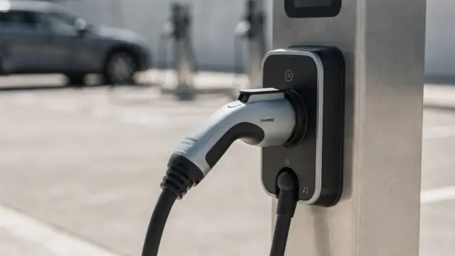 Typ-2-AC-Stecker an einer europäischen Ladestation für Elektroautos