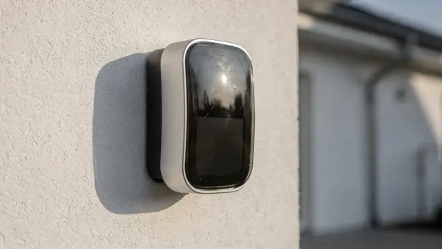 Wallbox an der Hauswand mit leicht gelblicher Kunststoffabdeckung über dem Display im Außenbereich