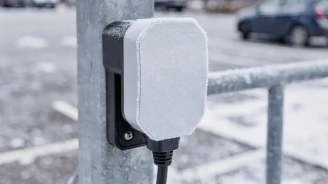 Wallbox-Ladebuchse am Außenstellplatz mit Schutzkappe gegen Frost und Eis