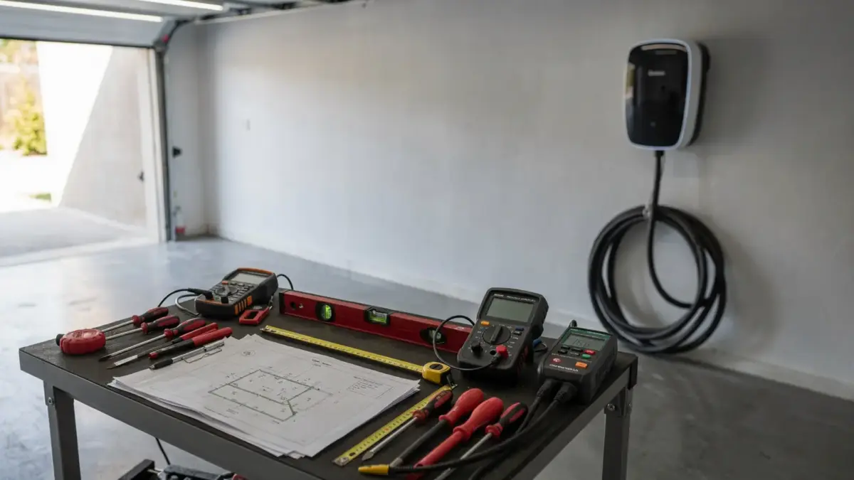 Unterlagen und Werkzeuge für die Wallbox-Meldung: Elektriker prüft Pläne für die Installation.