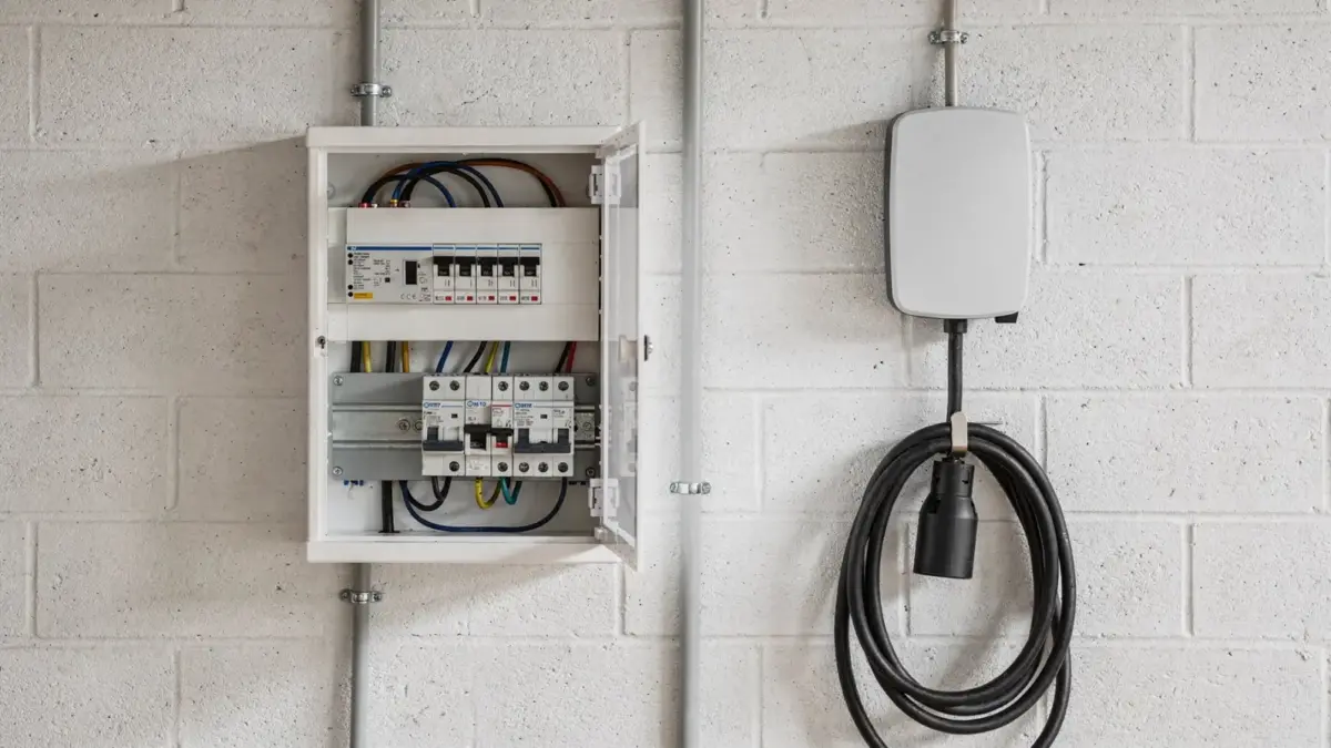 FI-Schalter an einer Wallbox-Installation im Verteilerkasten für das Thema Wallbox-Vorschriften