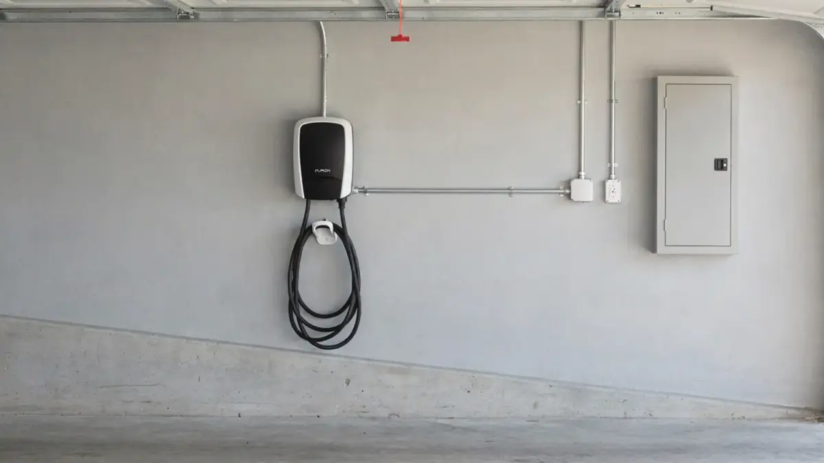 Wallbox an Garagenwand mit Elektroanschluss und Sicherungskasten als Thema Wallbox Installation Vorschriften