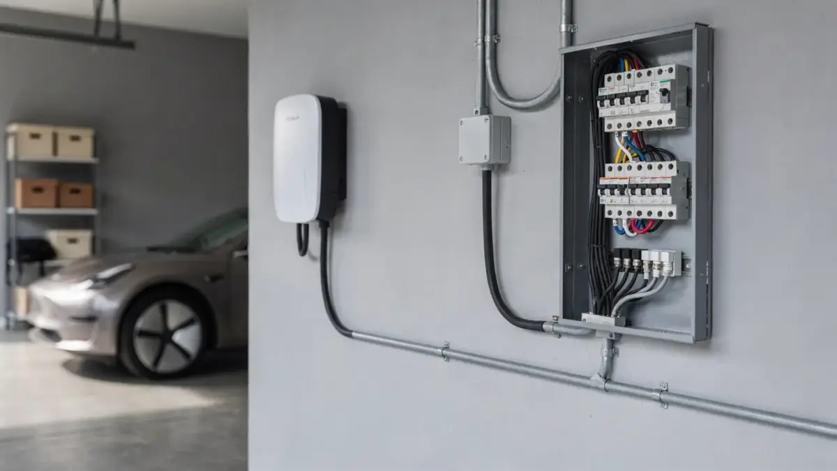 Wallbox-Lastmanagement in einer Garage mit Wallbox, Elektroauto und Sicherungskasten