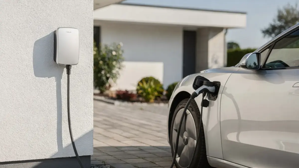 Wallbox an einem Wohnhaus mit angeschlossenem E-Auto zur Wahl der Ladeleistung zuhause