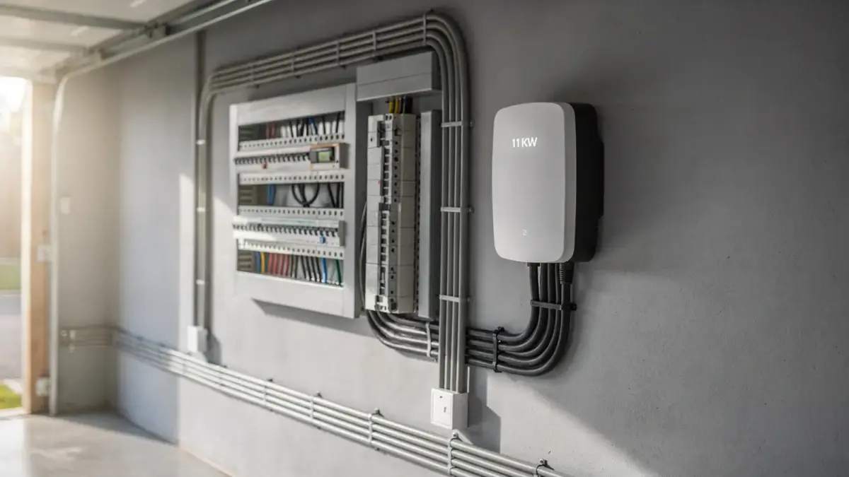 11-kW-Wallbox mit Hausanschluss und Sicherungskasten in einer Garage