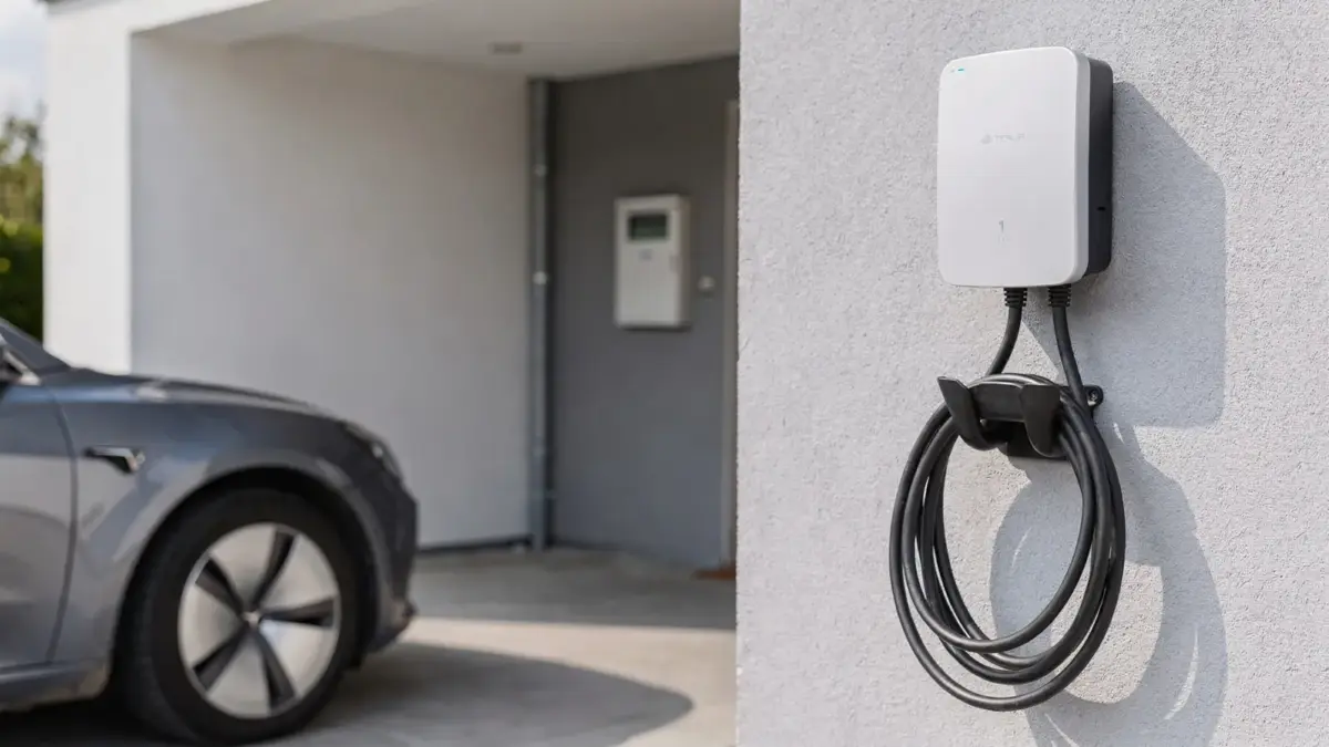 11-kW-Wallbox an Hauswand mit Ladepunkt und Elektroverteilung für Anschlussbedingungen und Schutz