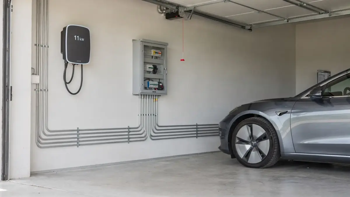 11-kW-Wallbox an Hausgarage mit Drehstromanschluss und Elektroauto