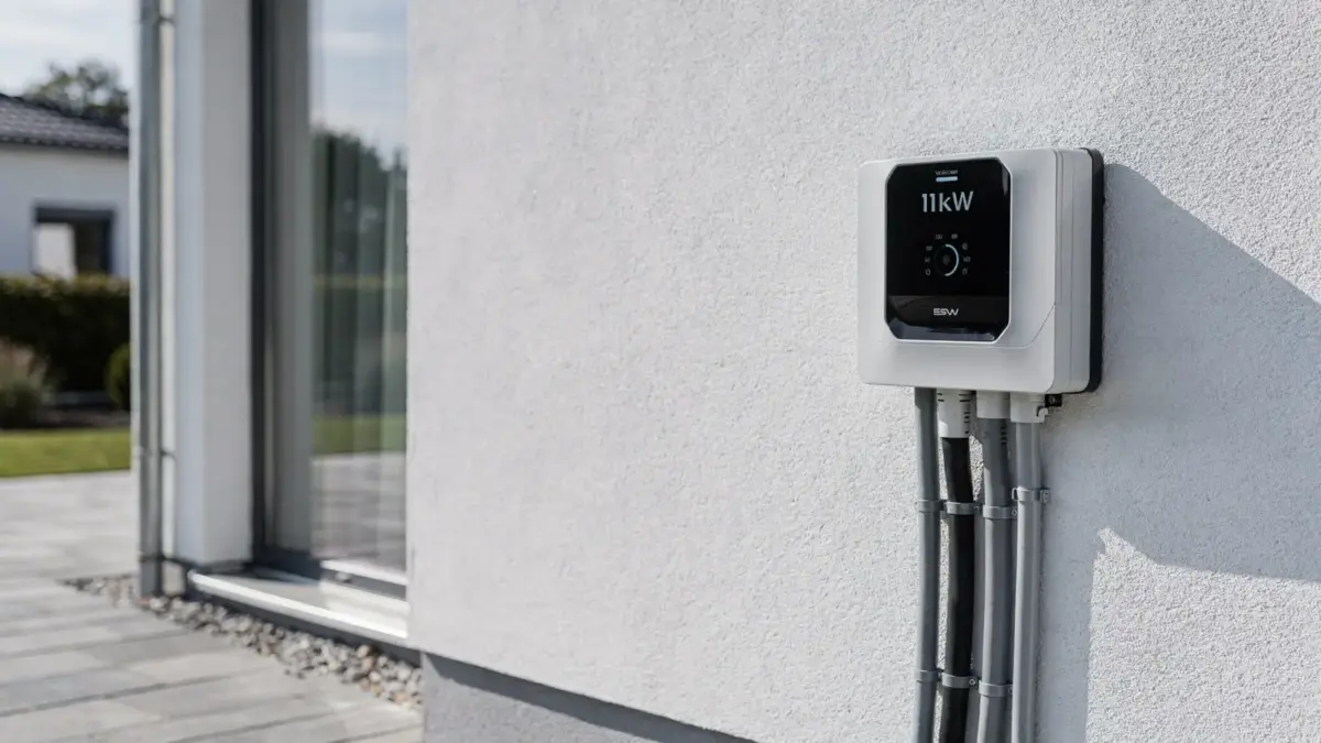 11-kW-Wallbox am Hausanschluss mit Hausanschlusskasten und Elektroverteilung vor einem Wohnhaus