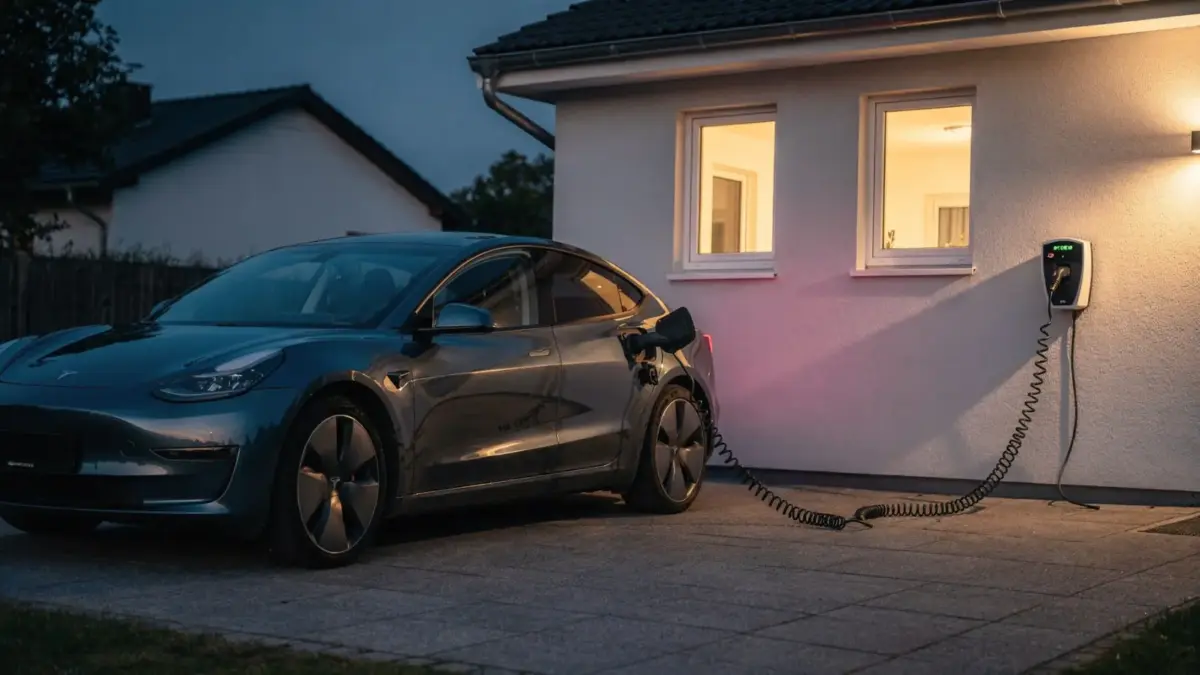 Elektroauto an der Wallbox in der Einfahrt als Beispiel für Ladezeit und Faktoren der Dauer