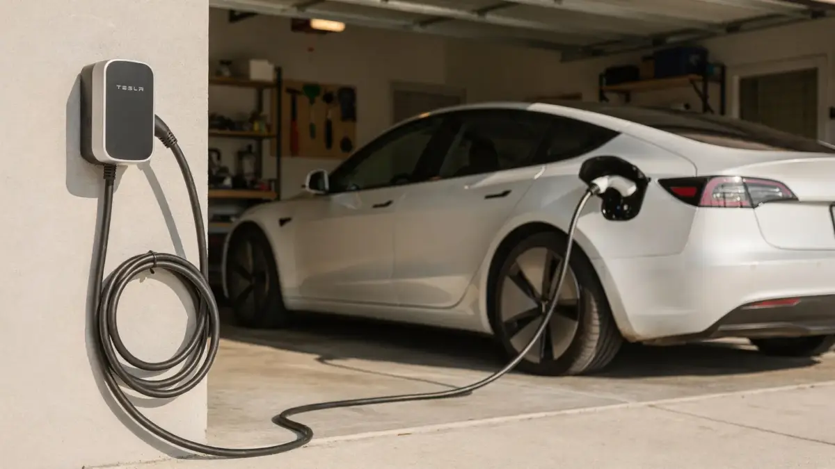 Wallbox an der Hauswand neben einem Elektroauto als Thema Wallbox Testsieger für zuhause