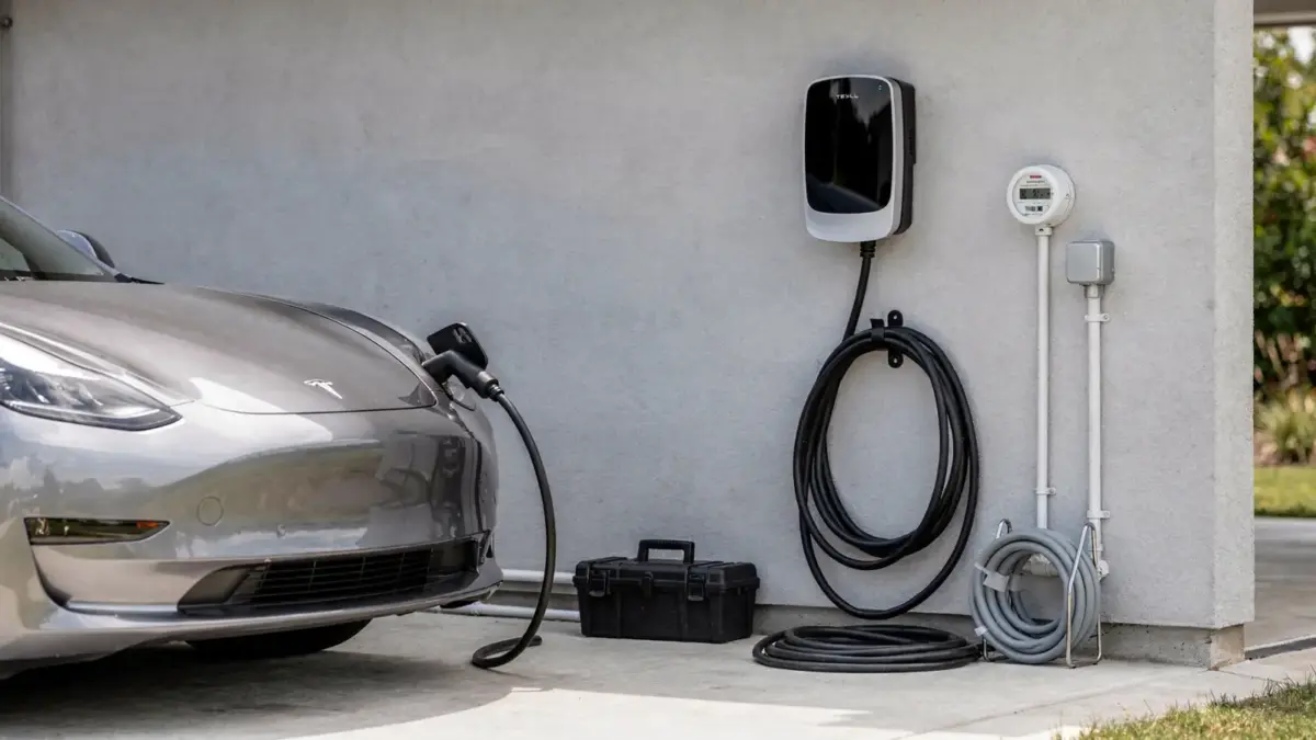Wallbox an der Hauswand mit Ladekabel und Elektroauto als Symbol für Folgekosten nach dem Kauf