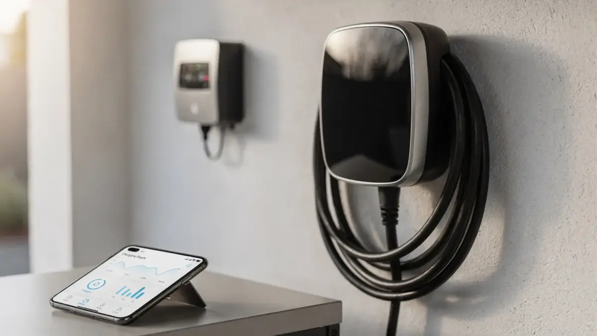 Wallbox mit App und Lastmanagement an einer Hausgarage mit Smartphone und Steuergerät