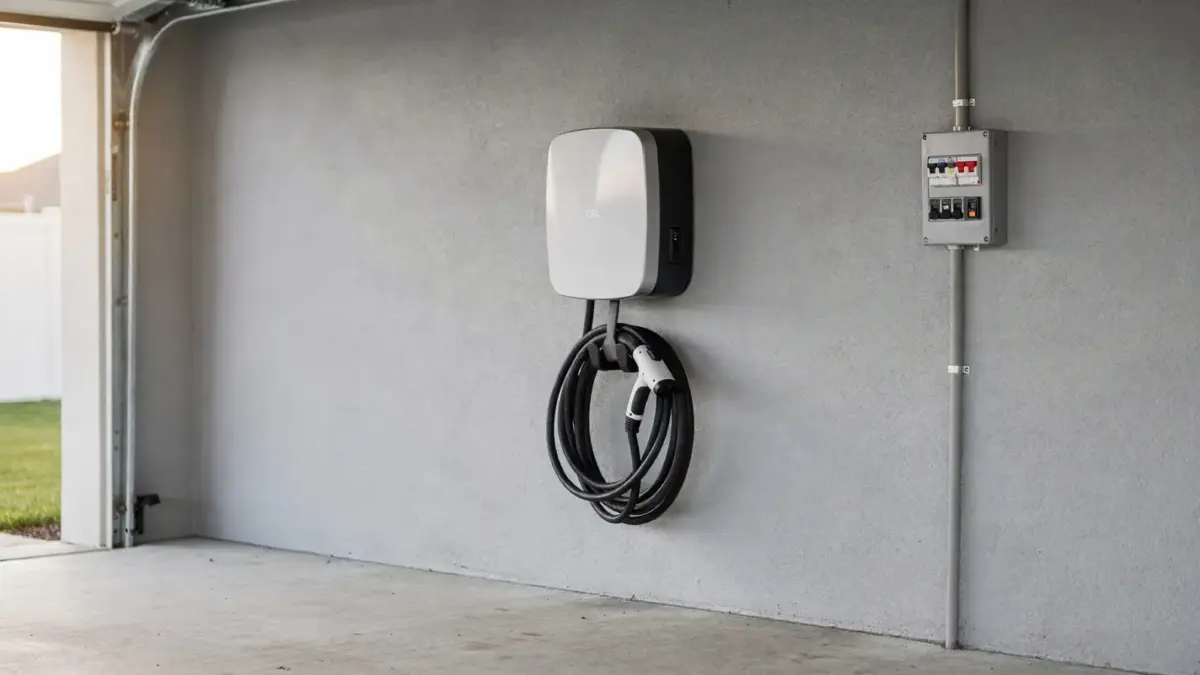 11-kW-Wallbox an der Garagenwand mit eigenem Stromkreis und Sicherungskasten