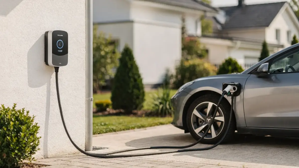 11-kW-Wallbox an Hauswand beim Laden eines E-Autos als Thema der Genehmigung