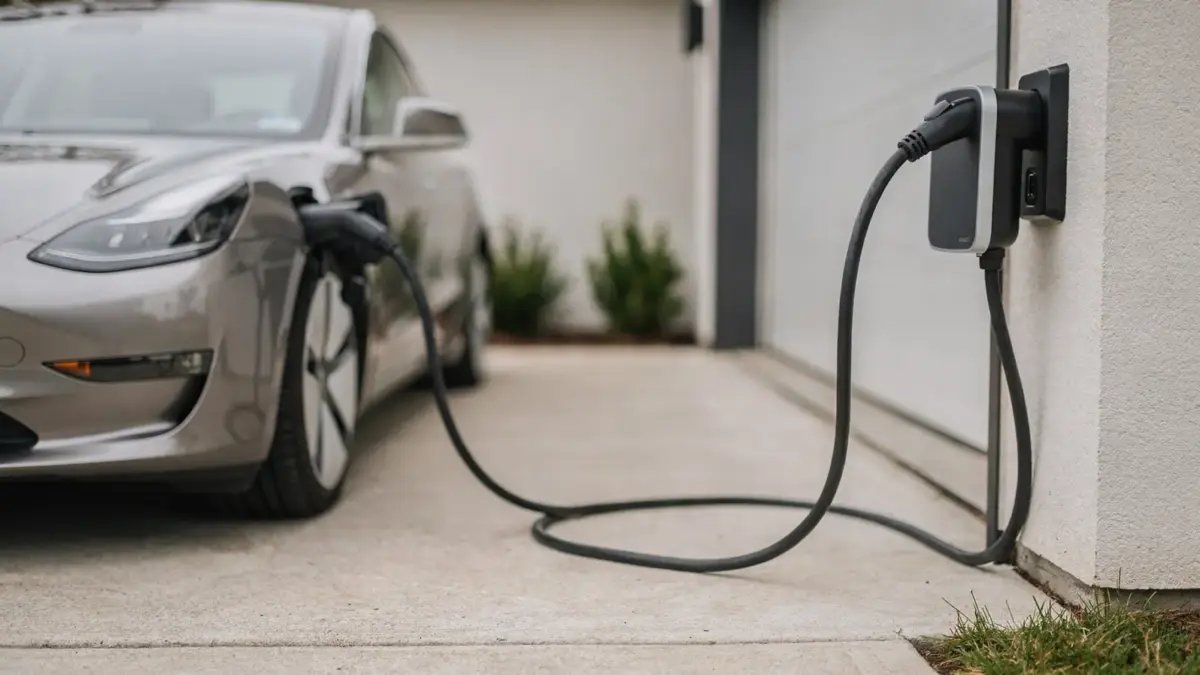 Wallbox an der Hauswand mit angeschlossenem Elektroauto beim Laden zu Hause