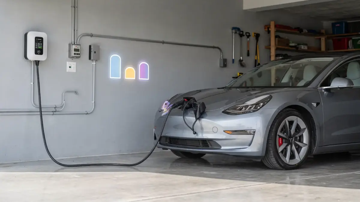 Wallbox mit Elektroauto in der Garage als Motiv zu Ladekosten und Preisfaktoren