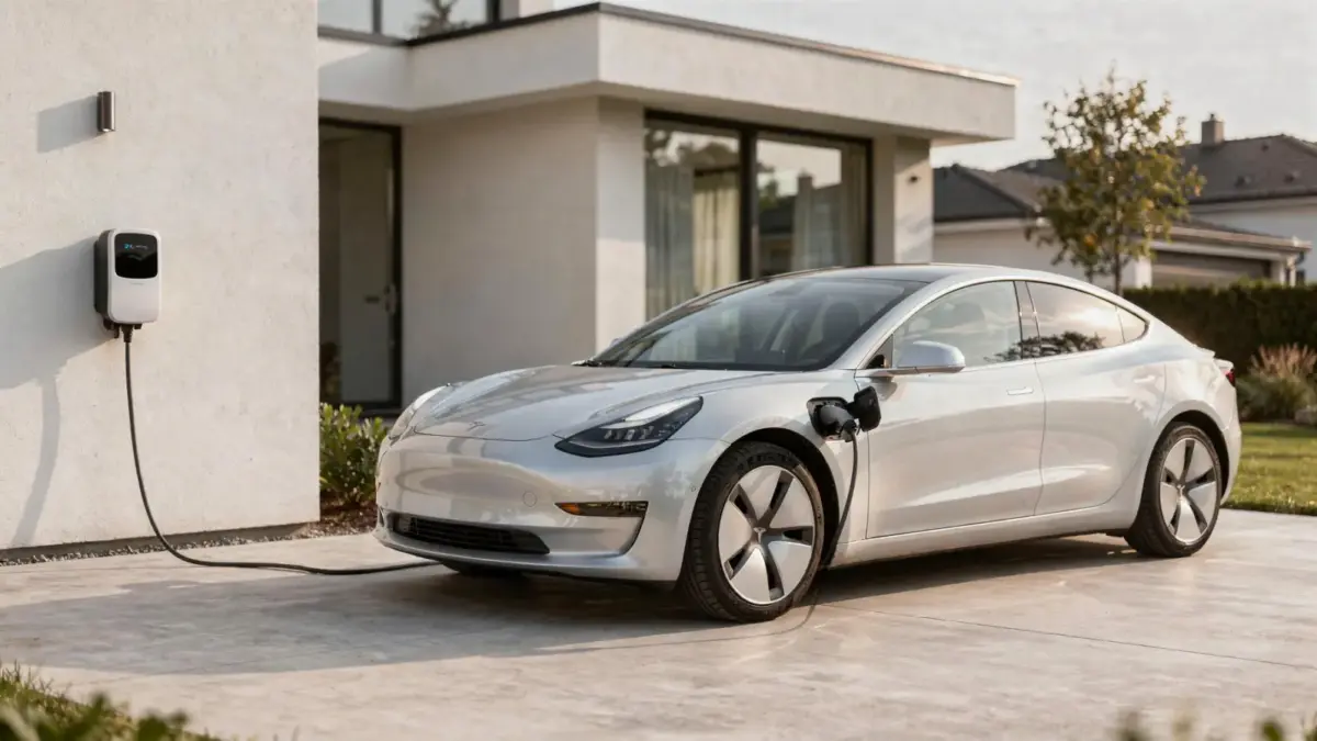 Elektroauto lädt an einer Wallbox zu Hause beim Thema Stromkosten sparen