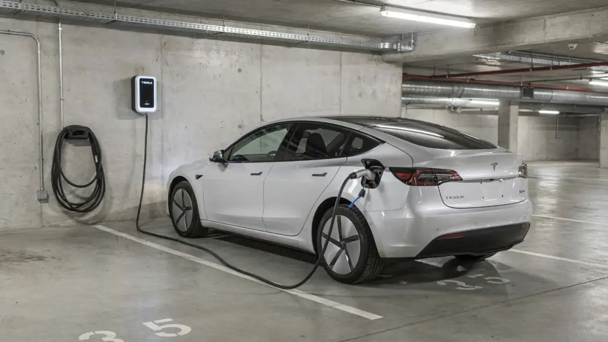 Wallbox in der Tiefgarage neben einem Elektroauto – Thema rechtliche Regeln für die Installation