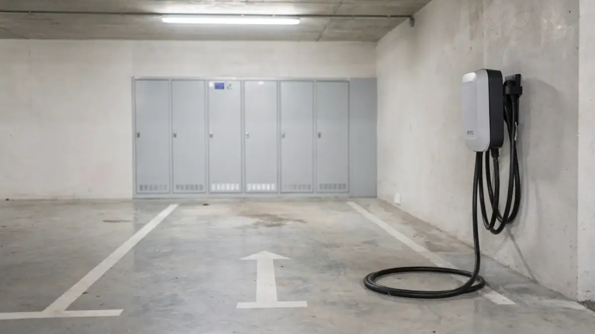 Wallbox im Mehrfamilienhaus an einem Stellplatz im Keller mit Stromzähler und sauberer Kabelführung