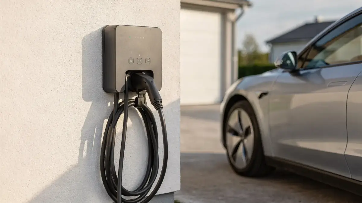 Wallbox an der Hauswand zum Heimladen eines E-Autos in der Garage