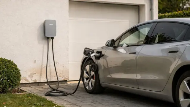 11-kW-Wallbox an einer Hauswand beim Laden eines Elektroautos – Thema Genehmigungspflicht