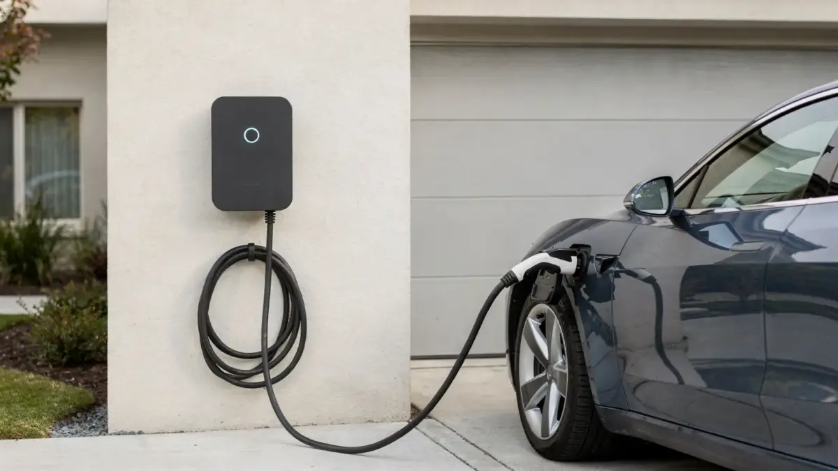 Wallbox an der Hauswand mit angeschlossenem E-Auto als Beispiel für Wallbox-Einstellungen im Alltag