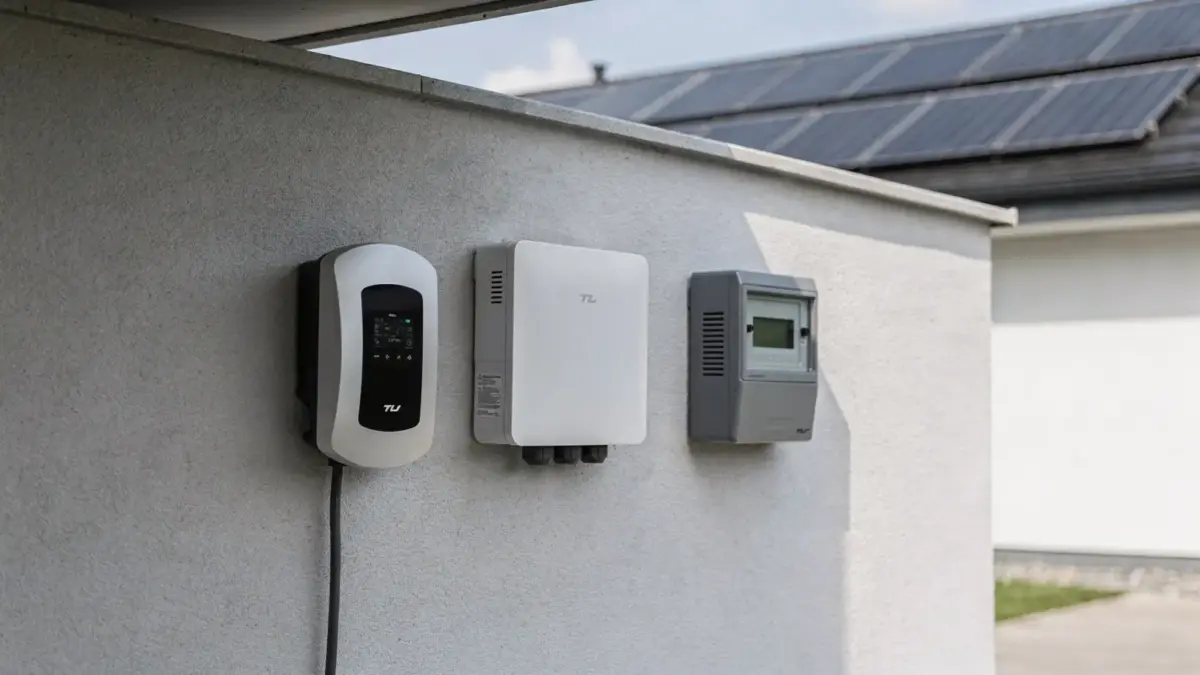 Wallbox an der Hauswand mit Solarwechselrichter und Photovoltaik für das Thema Wallbox für Photovoltaik