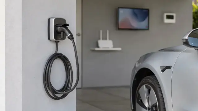 Wallbox an der Hauswand im Smart Home mit Ladekabel und Steuerungselementen