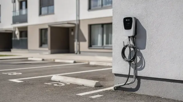 Wallbox an der Mietwohnung: Ladestation an einem Stellplatz vor einem Wohnhaus