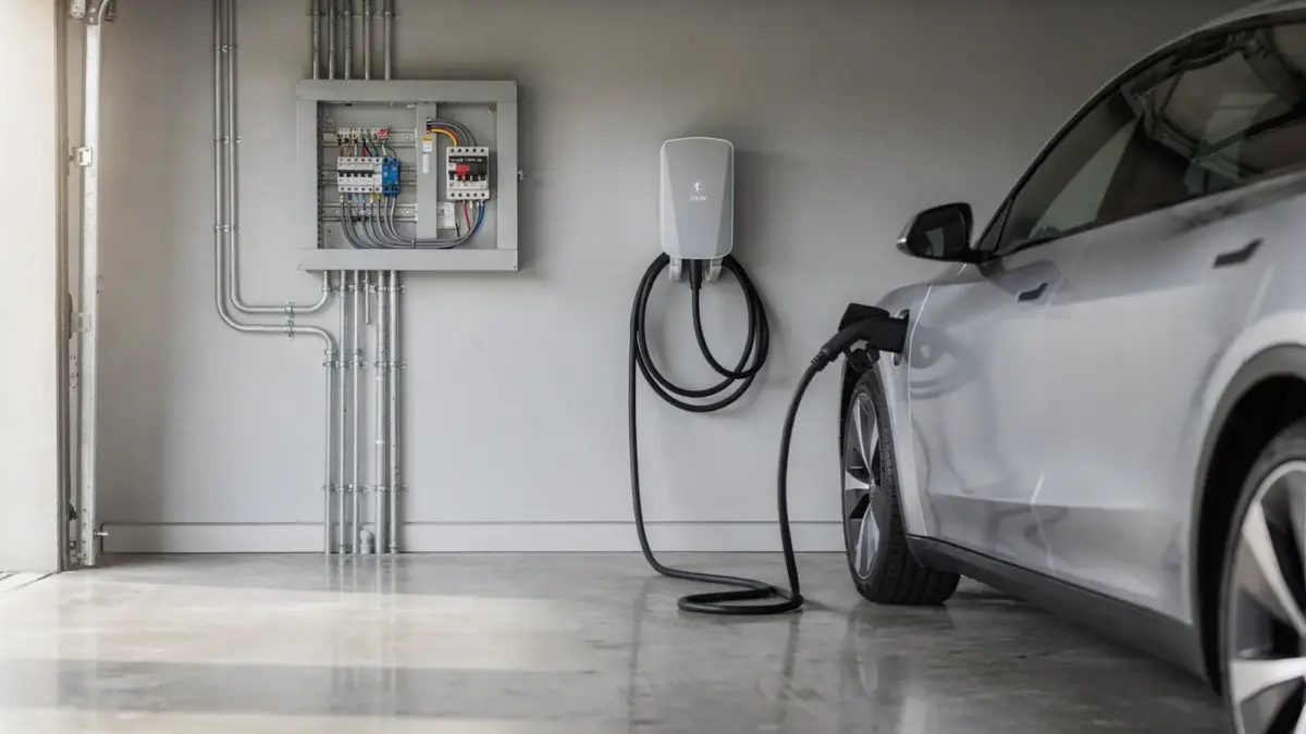 11-kW-Wallbox im Garagenbereich mit Elektroauto und Elektroverteilung für die Nachrüstung
