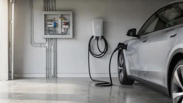 11-kW-Wallbox im Garagenbereich mit Elektroauto und Elektroverteilung für die Nachrüstung