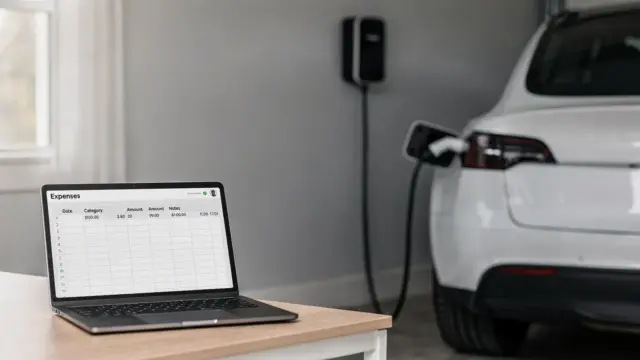 Wallbox an der Garage mit angeschlossenem E-Auto und Unterlagen zur Wallbox-Abrechnung
