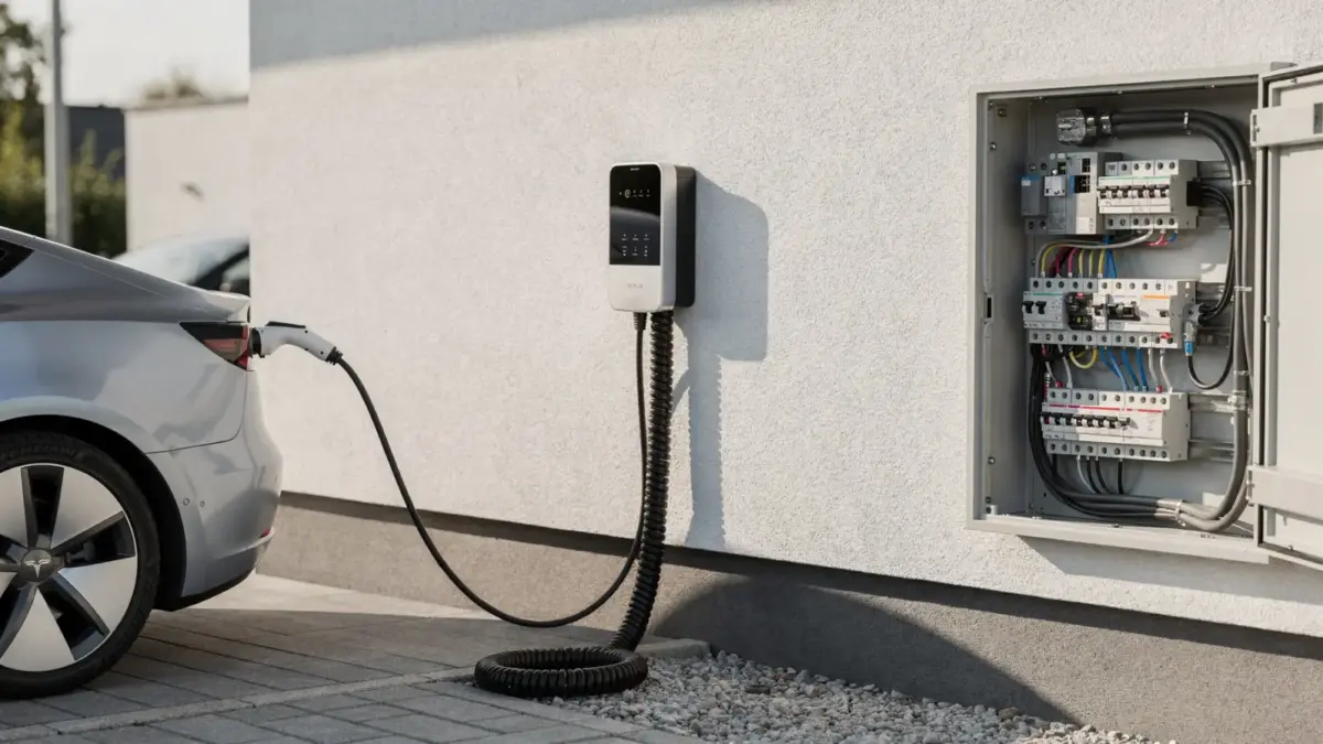 Wallbox an einem Wohnhaus mit Elektroauto und Sicherungskasten zum Thema Lastmanagement