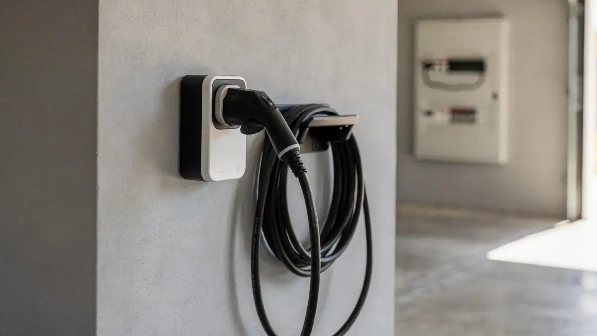 Wallbox an einer Garagenwand mit Ladekabel und Sicherungskasten zum Thema Überlastung vermeiden