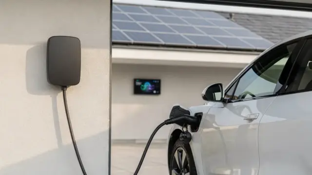 Wallbox an der Hausgarage mit E-Auto und Solaranlage zum PV-Überschussladen mit Solarstrom