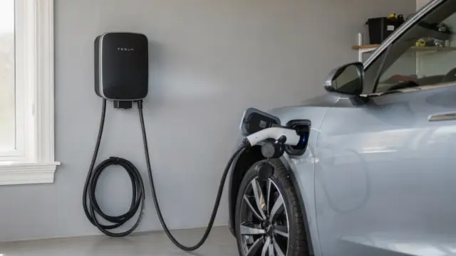 Wallbox an der Garage mit eingestecktem Ladekabel für das Thema dauerhaft eingesteckt lassen